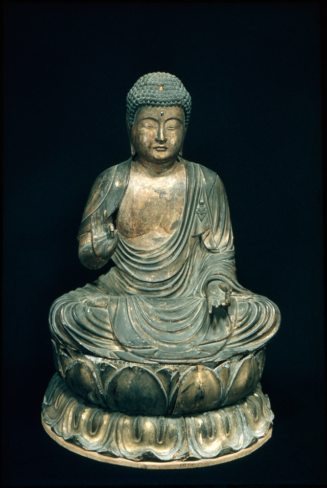 Seated Amida Buddha, Muromachi period, 1333-1573, 14th-15th century, Japanese, Wood, lacquer, gold leaf, and jewels, 20 1/8 x 17 11/16 in. (51.1 x 45 cm) Overall h.: 16 1/16 in. Overall h.: 68.9 cm Diam.: 47.8 cm, Seattle Art Museum, Thomas D. Stimson Memorial Collection, 47.66