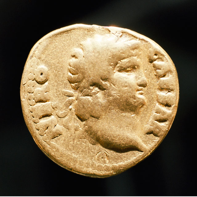 Coin of Nero (Aureus), 64-68, Roman. Gold, Diameter: 3/8 in., Seattle Art Museum, Gift of Mr. and Mrs. Max Lachman, 75.39.